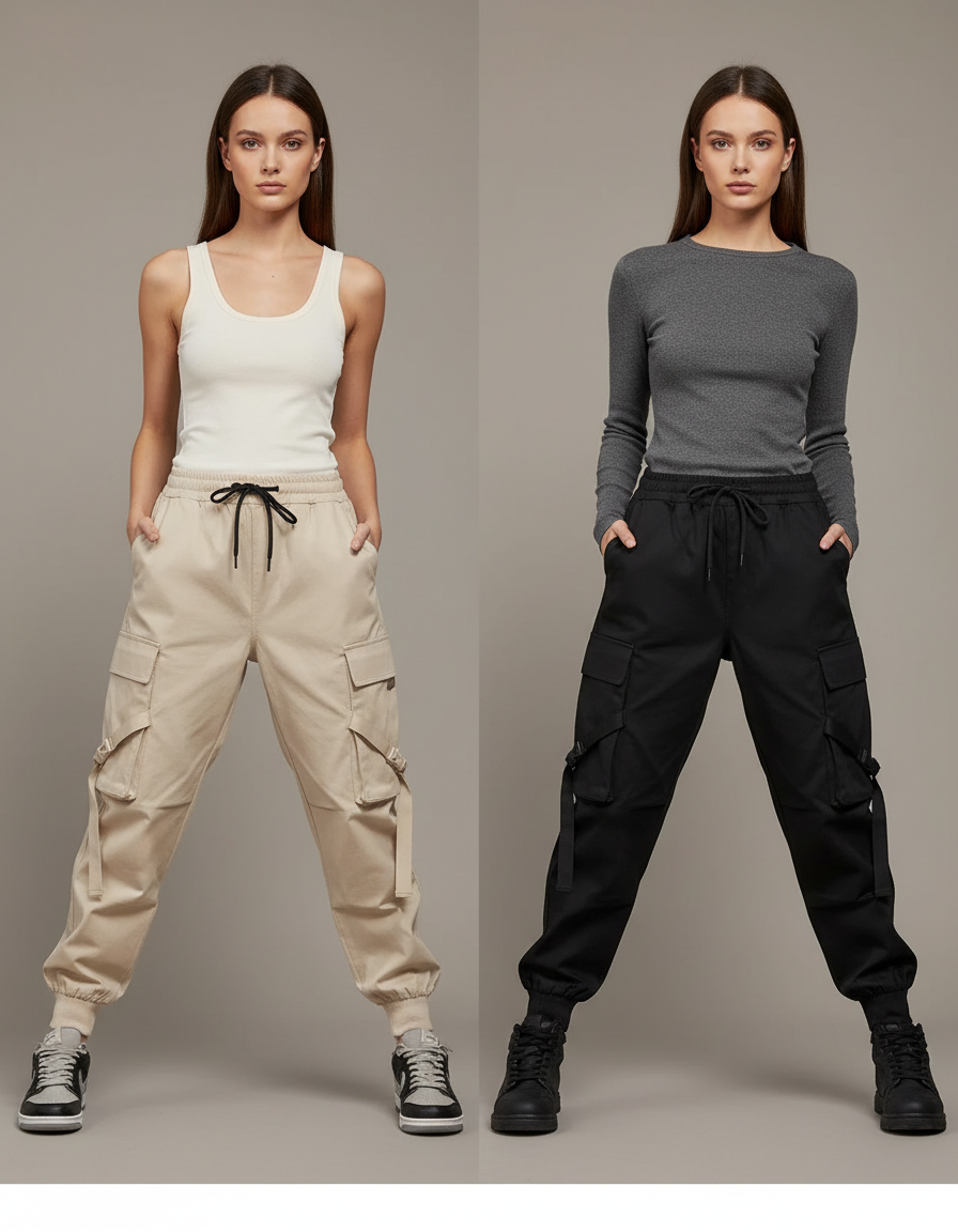 Pantalon Cargo Femme Streetwear Ample Cordon Taille Haute - Beige Toile
