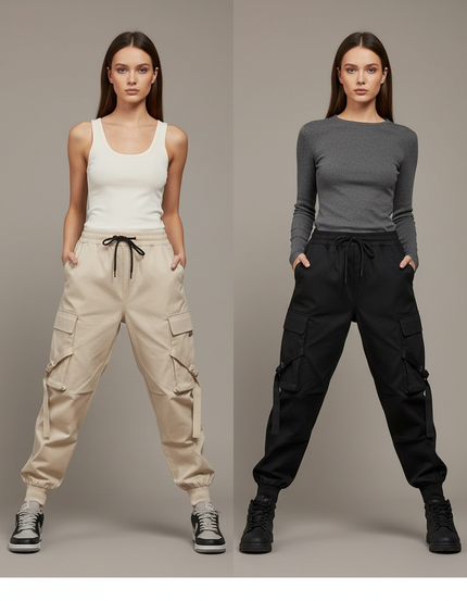 Pantalon Cargo Femme Streetwear Ample Cordon Taille Haute - Beige Toile