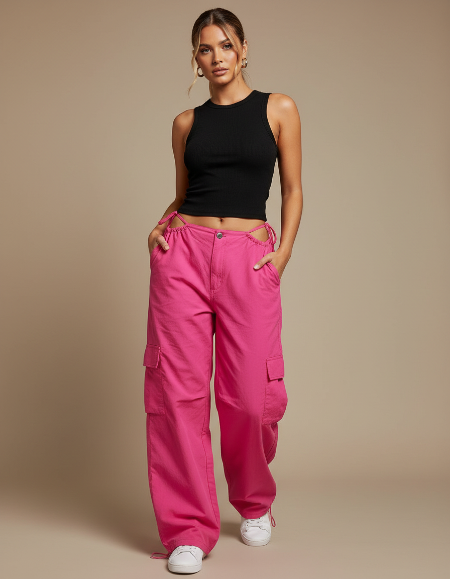 Pantalon Cargo Ample Rose Vif Taille Haute Femme - Toile