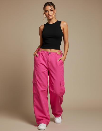 Pantalon Cargo Ample Rose Vif Taille Haute Femme - Toile
