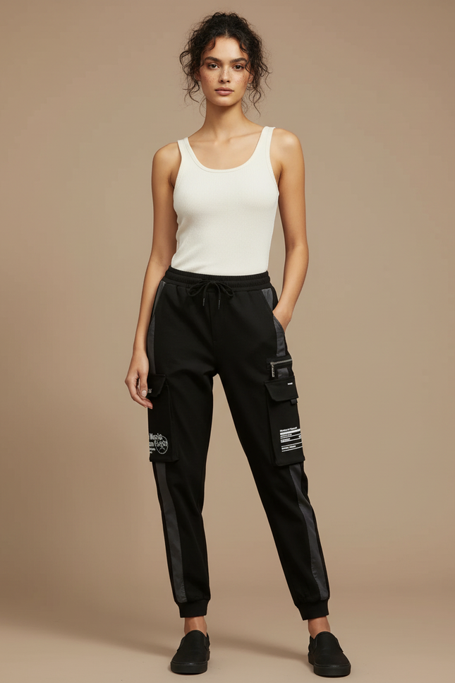Pantalon Cargo Noir Ample Bandes Streetwear Femme - Molleton