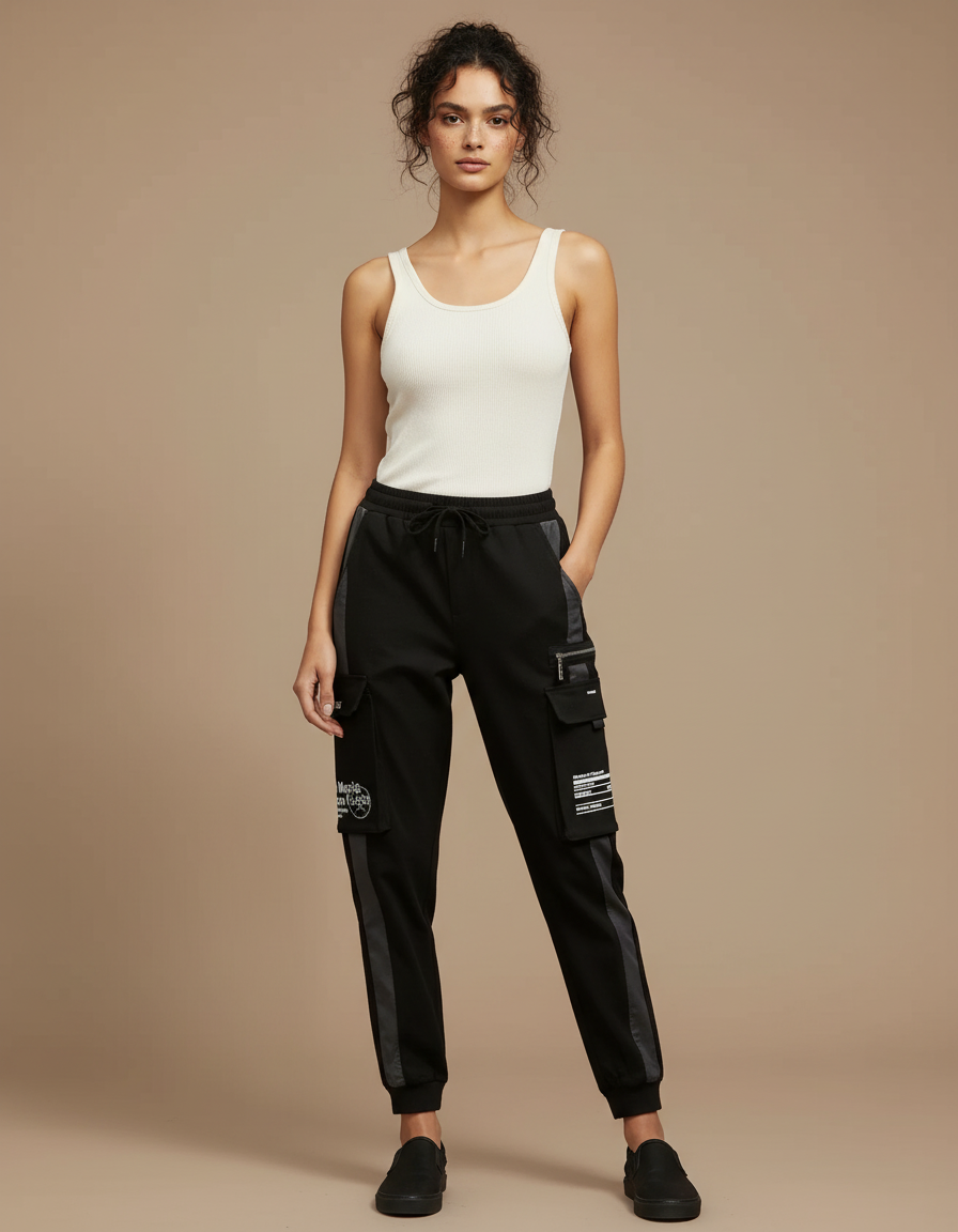 Pantalon Cargo Noir Ample Bandes Streetwear Femme - Molleton