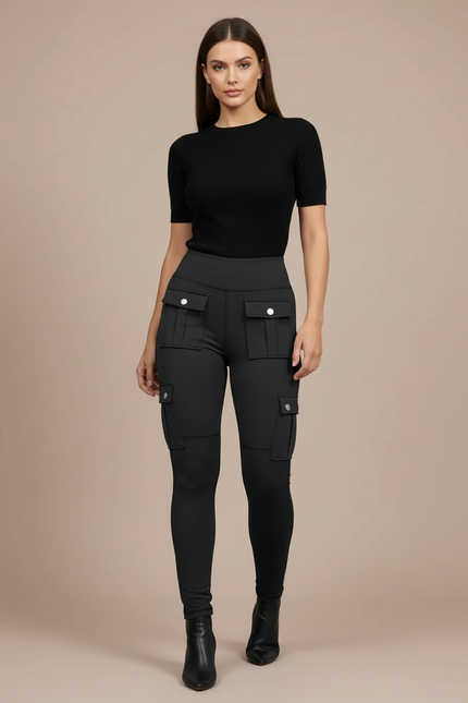 Pantalon Cargo Noir Skinny Poches Décontracté Femme - Maille