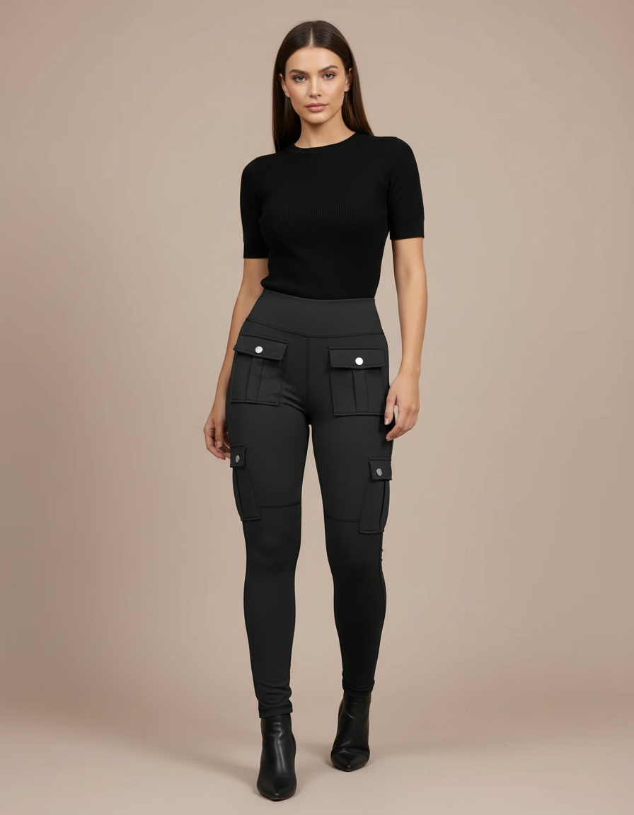 Pantalon Cargo Noir Skinny Poches Décontracté Femme - Maille