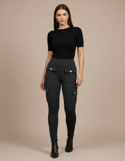 Pantalon Cargo Noir Skinny Poches Décontracté Femme - Maille
