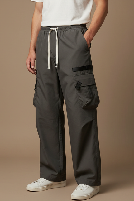 Pantalon Cargo Gris Ample Décontracté Homme Streetwear - Kaki Polyester