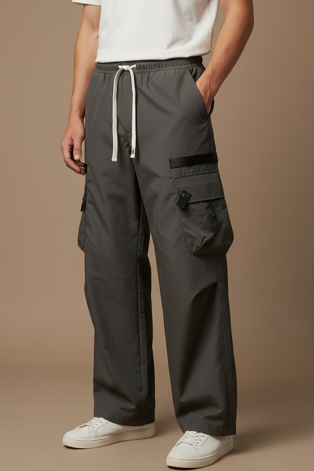 Pantalon Cargo Gris Ample Décontracté Homme Streetwear - Kaki Polyester