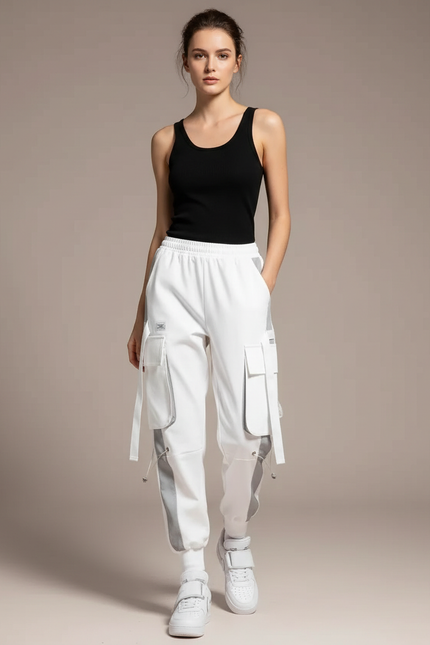 Pantalon Cargo Blanc Ample Streetwear Jogger Femme - Molleton