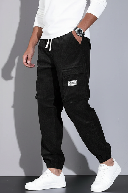 Pantalon Cargo Noir Côtelé Ample Homme Décontracté - Cordé