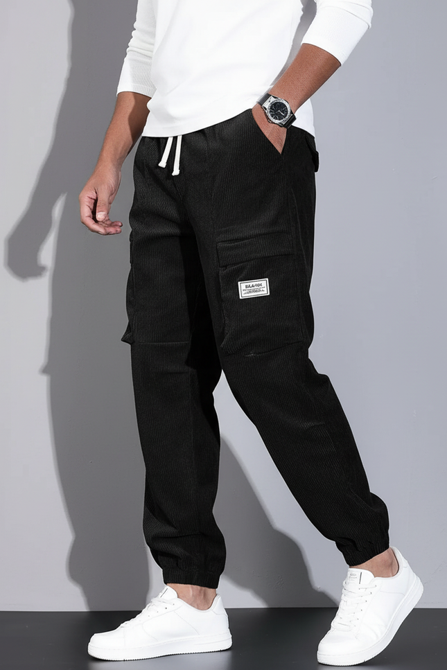 Pantalon Cargo Noir Côtelé Ample Homme Décontracté - Cordé