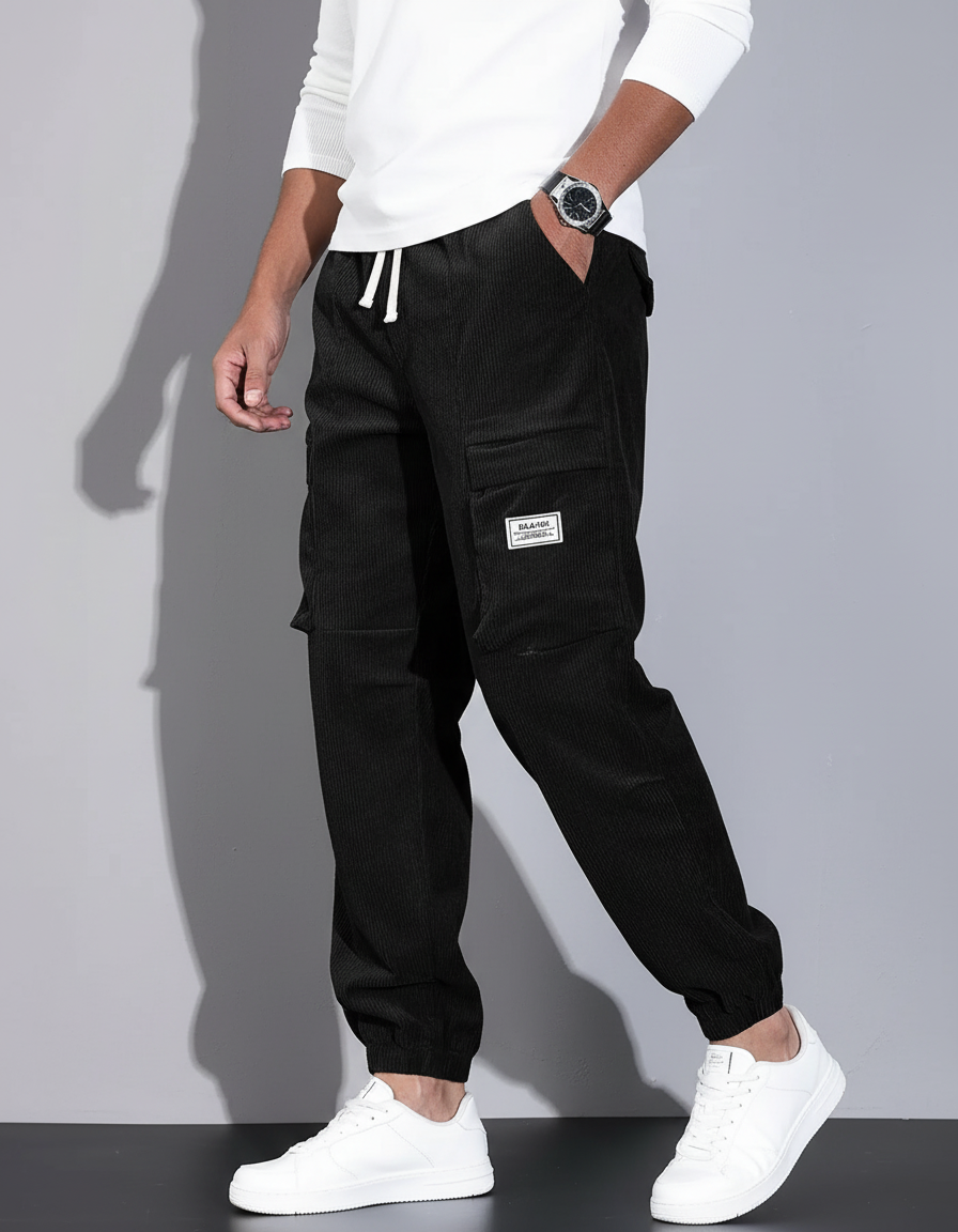 Pantalon Cargo Noir Côtelé Ample Homme Décontracté - Cordé