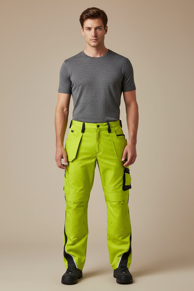 Pantalon Cargo Fluorescent Réfléchissant Multipoches Sécurité Homme - Vert Polyester