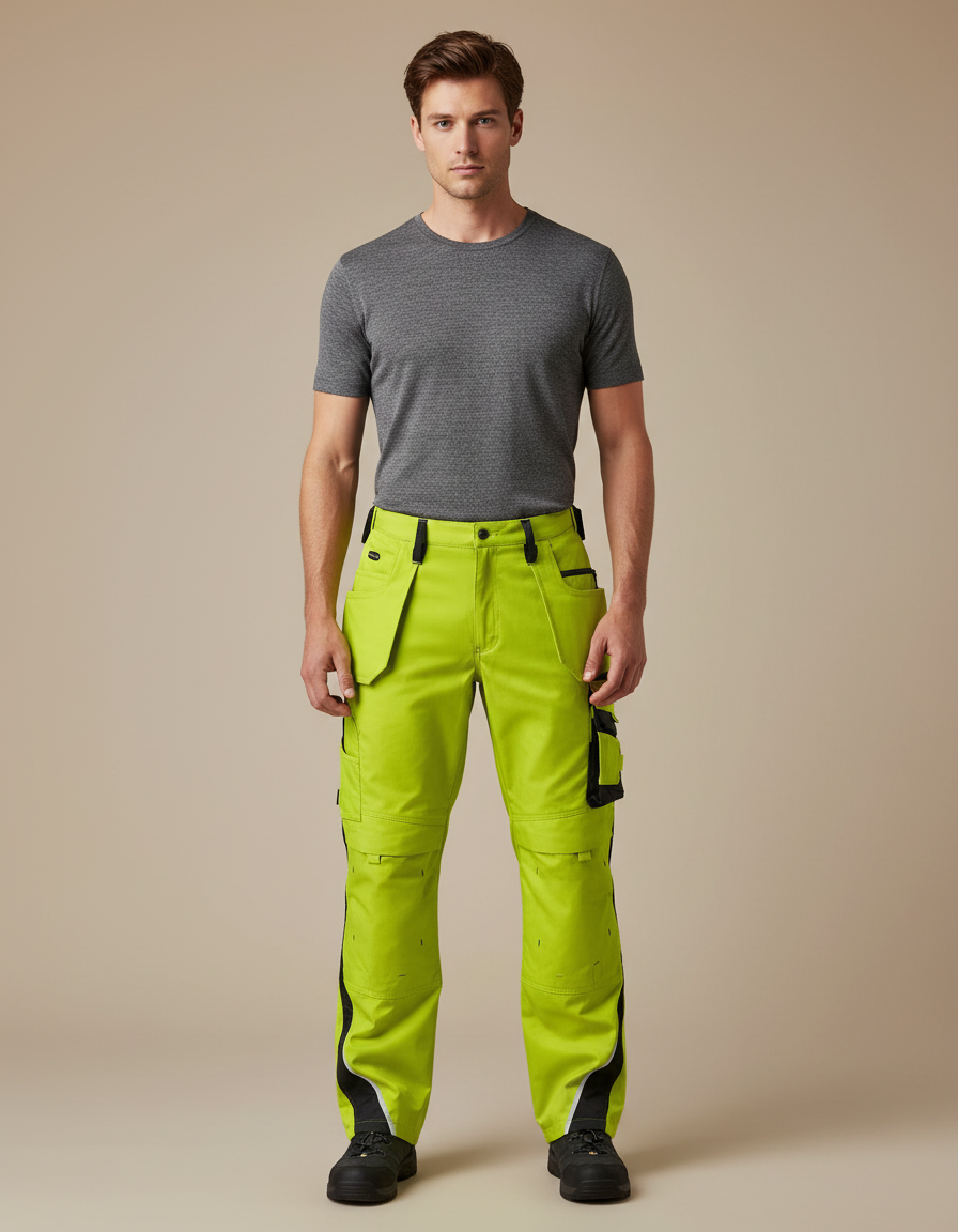 Pantalon Cargo Fluorescent Réfléchissant Multipoches Sécurité Homme - Vert Polyester