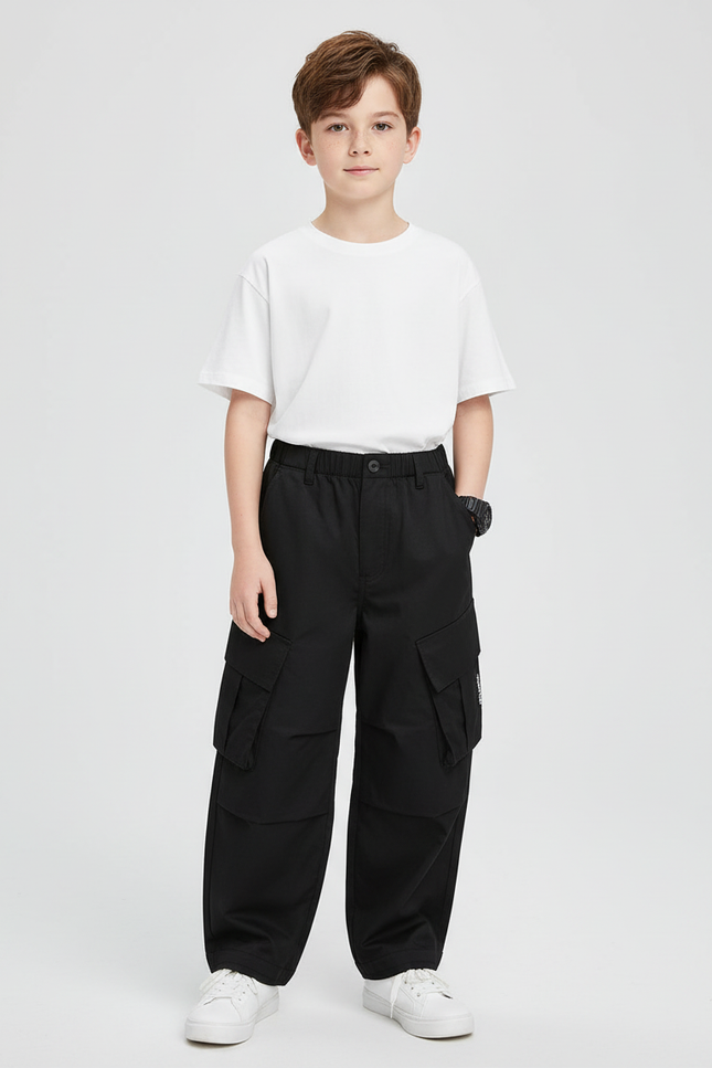 Pantalon Cargo Noir Ample Streetwear Enfant - Toile