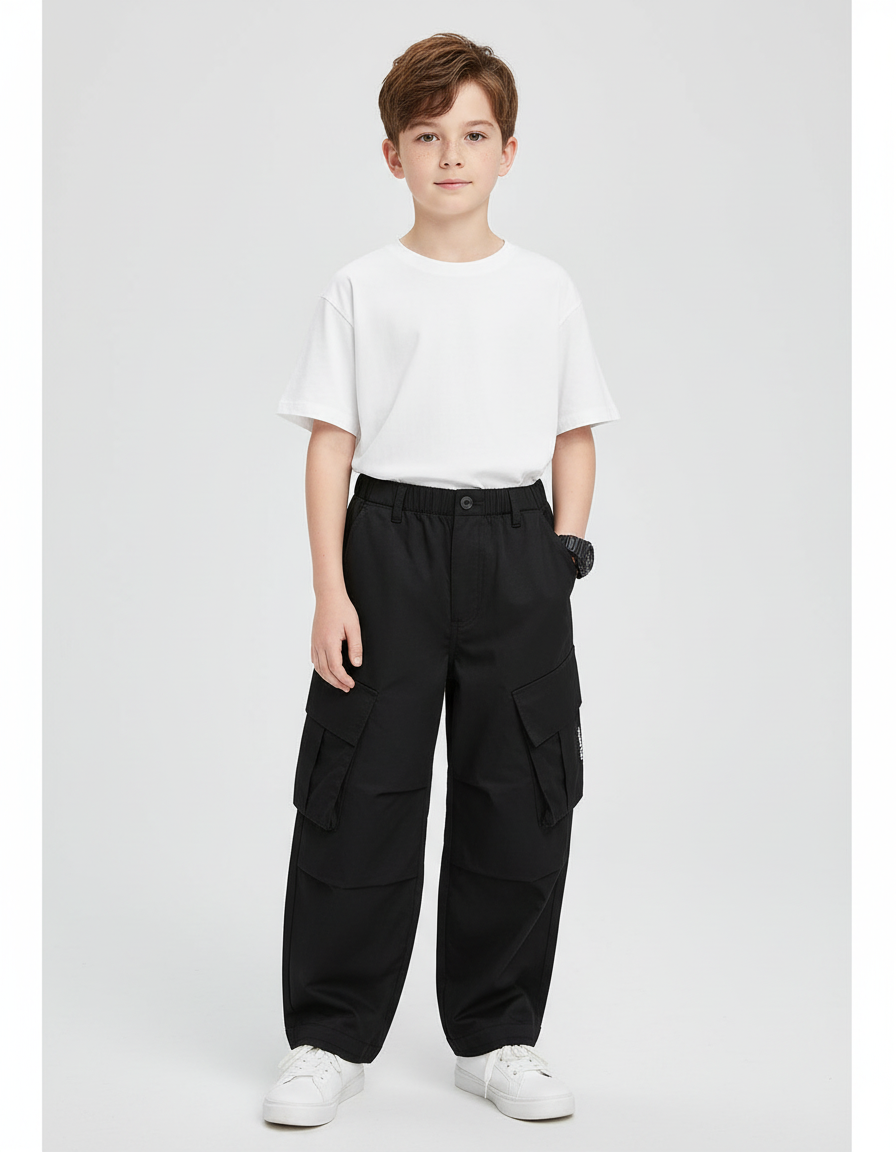 Pantalon Cargo Noir Ample Streetwear Enfant - Toile