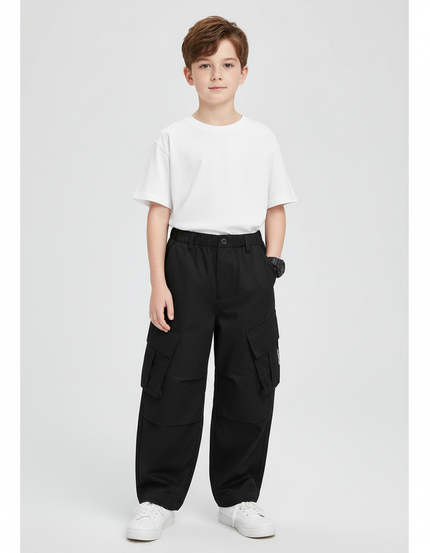Pantalon Cargo Noir Ample Streetwear Enfant - Toile
