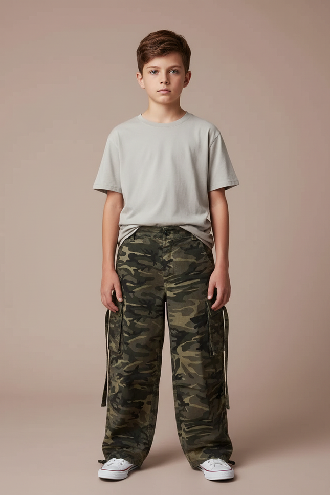 Pantalon Cargo Camouflage Ample Garçon Militaire Coton - Kaki Toile