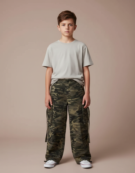 Pantalon Cargo Camouflage Ample Garçon Militaire Coton - Kaki Toile