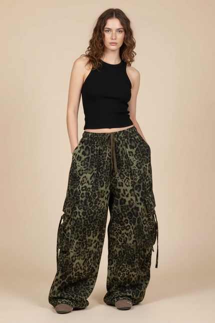 Pantalon Cargo Léopard Ample Vert Imprimé Streetwear - Toile