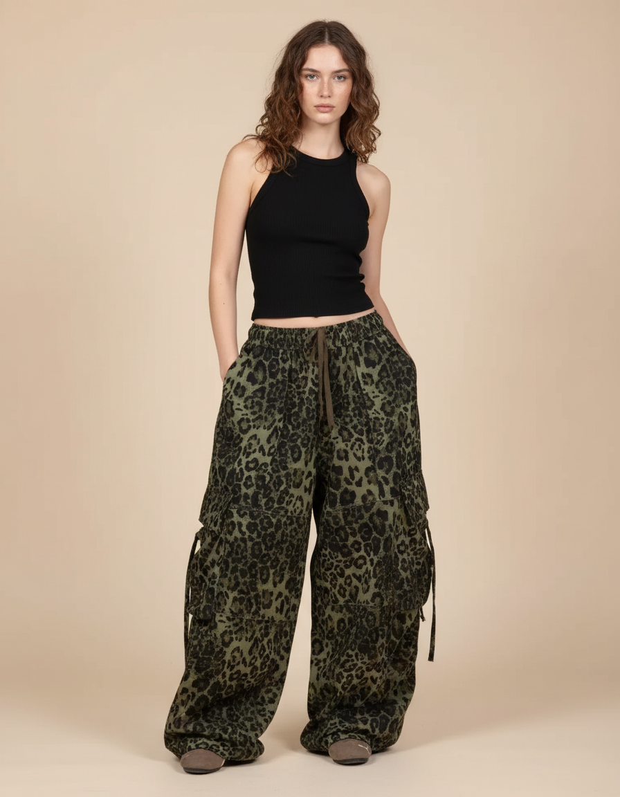 Pantalon Cargo Léopard Ample Vert Imprimé Streetwear - Toile