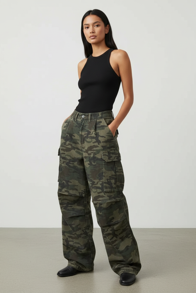 Pantalon Cargo Camouflage Ample Streetwear Femme - Multicolore Toile