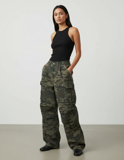 Pantalon Cargo Camouflage Ample Streetwear Femme - Multicolore Toile