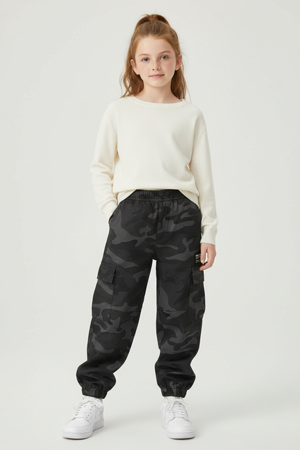 Pantalon Cargo Camouflage Noir Ample Coton Enfant