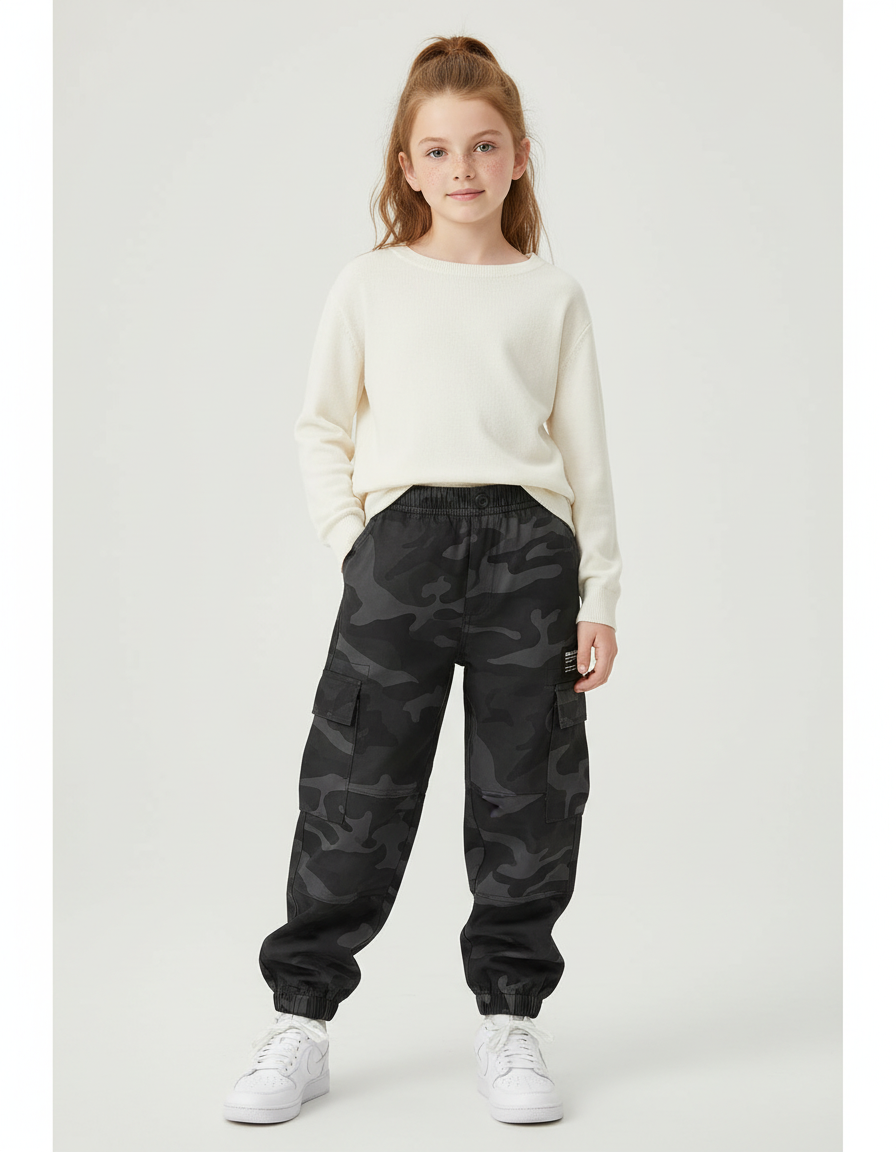 Pantalon Cargo Camouflage Noir Ample Coton Enfant