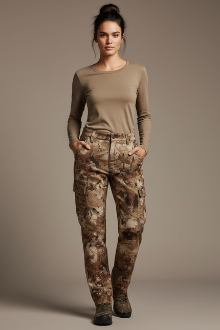 Pantalon Cargo Camouflage Marron Chasse Extensible Femme - Toile