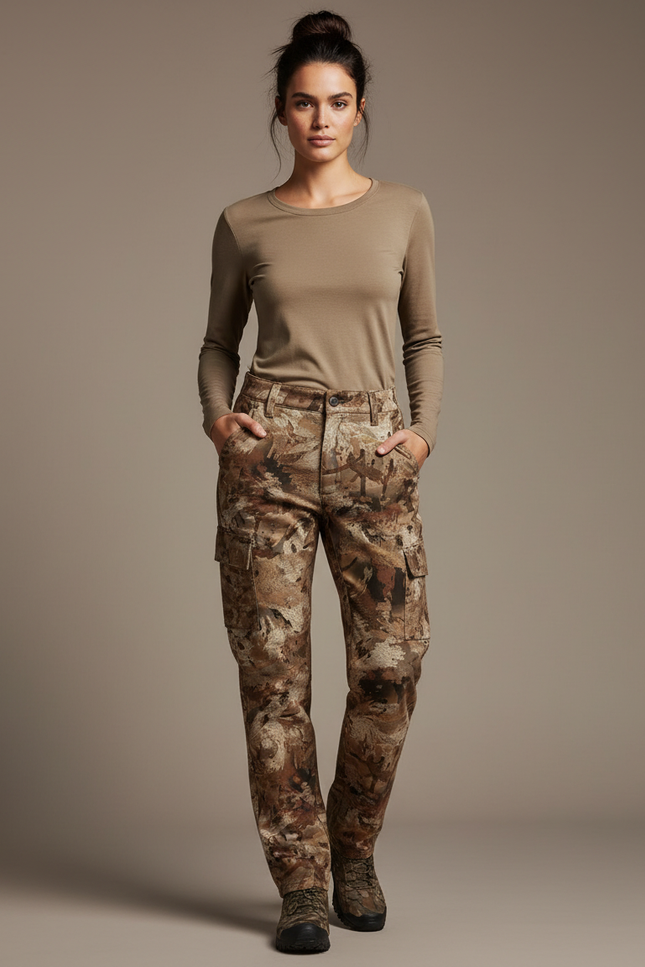 Pantalon Cargo Camouflage Marron Chasse Extensible Femme - Toile