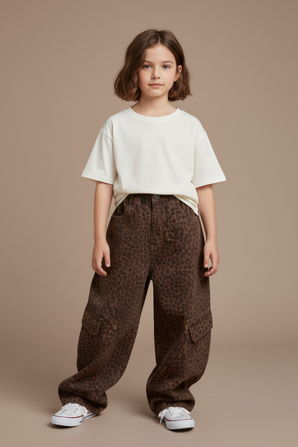 Pantalon Cargo Léopard Marron Ample Multipoches Fille - Toile