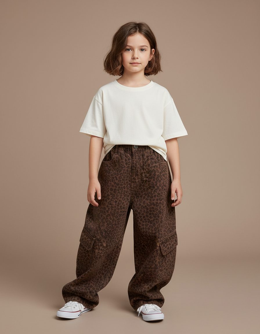 Pantalon Cargo Léopard Marron Ample Multipoches Fille - Toile