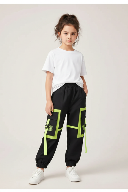Pantalon Cargo Noir Fluorescent Multipoches Enfant - Polyester