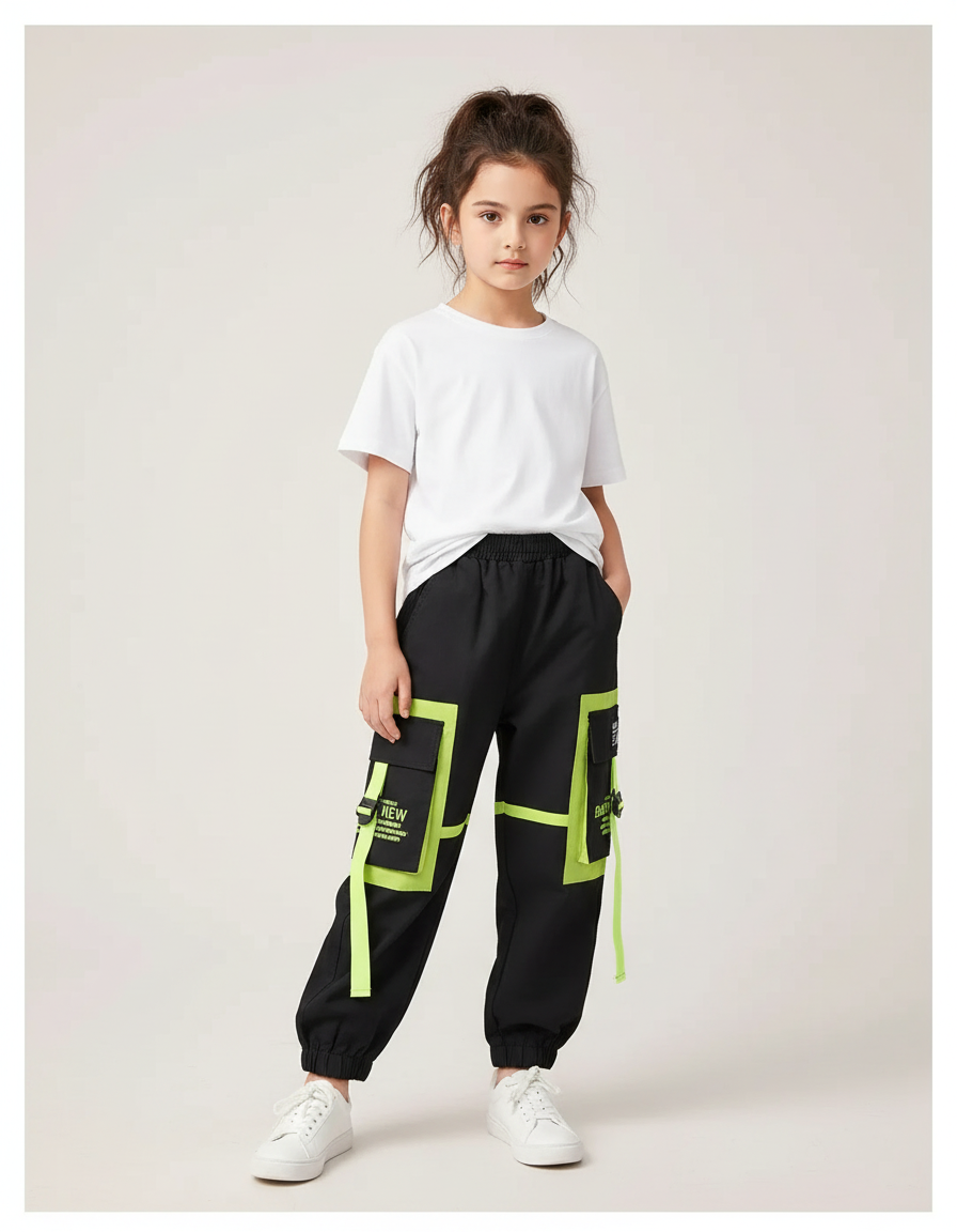 Pantalon Cargo Noir Fluorescent Multipoches Enfant - Polyester