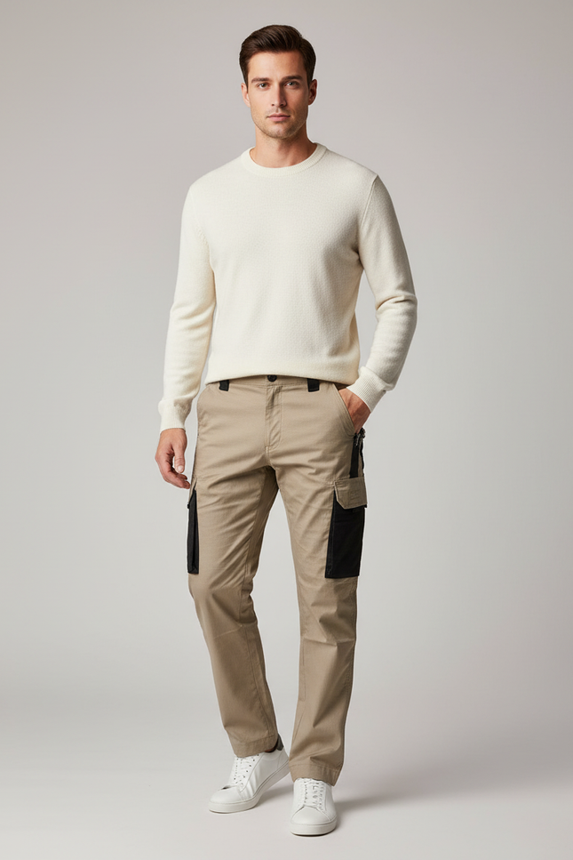 Pantalon Cargo Kaki Droit Multipoches Bicolore Décontracté - Gabardine