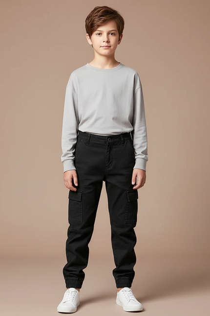Pantalon Cargo Noir Coton Multipoches Garçon Décontracté