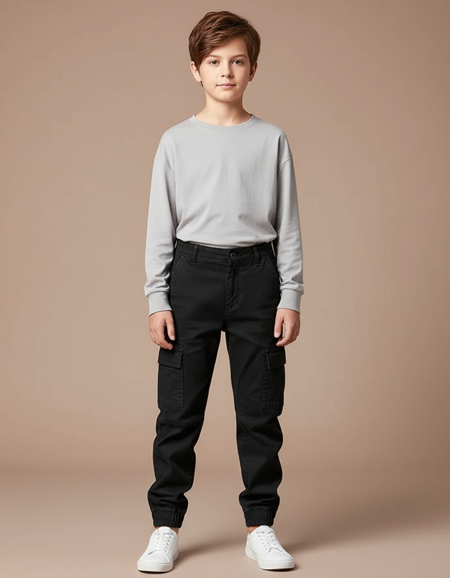 Pantalon Cargo Noir Coton Multipoches Garçon Décontracté