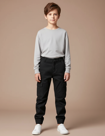 Pantalon Cargo Noir Coton Multipoches Garçon Décontracté