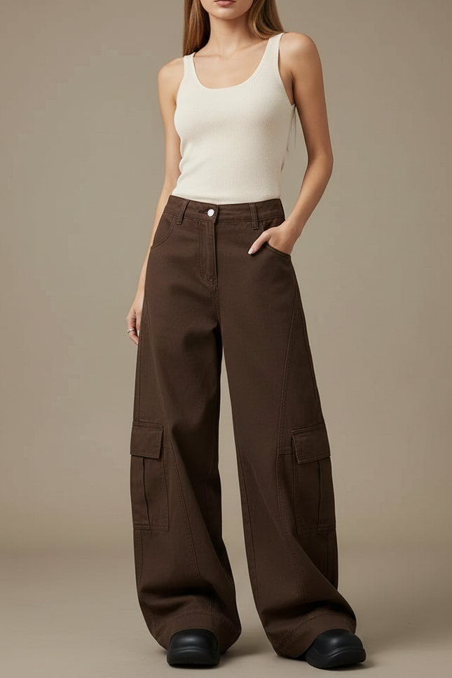 Pantalon Cargo Marron Ample Femme Y2K - Toile