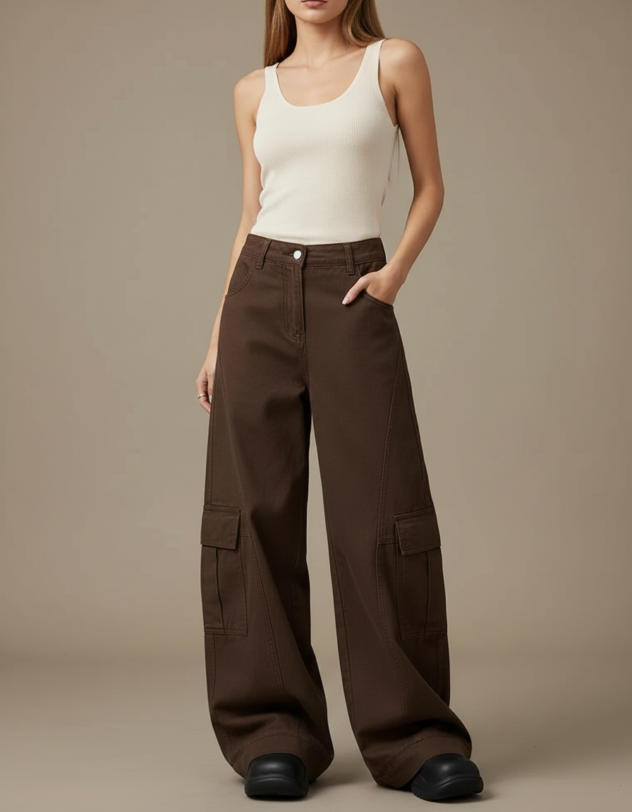 Pantalon Cargo Marron Ample Femme Y2K - Toile