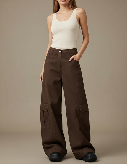 Pantalon Cargo Marron Ample Femme Y2K - Toile