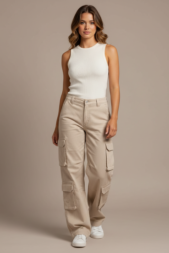 Pantalon Cargo Beige Ample Multi-poches Vintage Femme - Toile