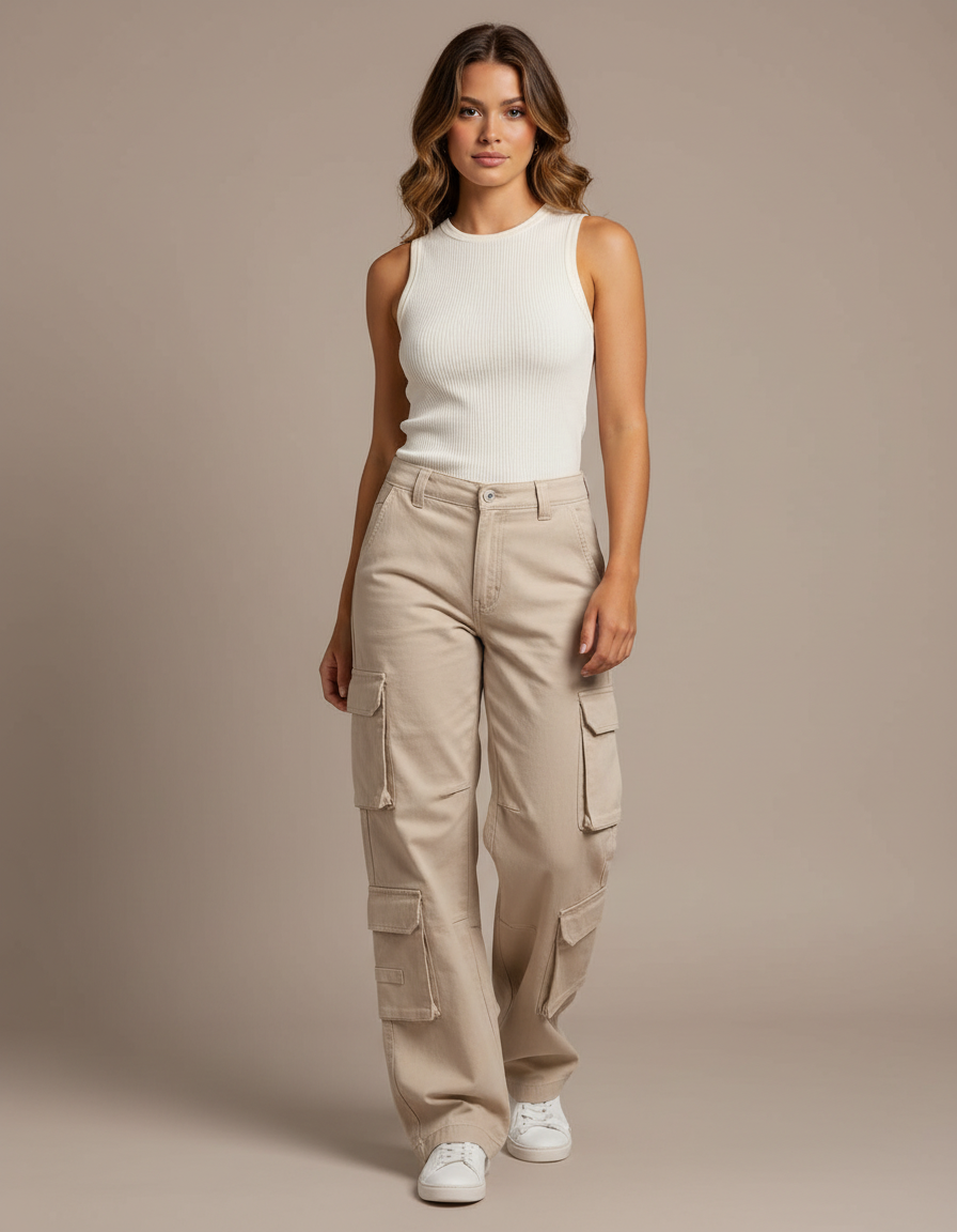 Pantalon Cargo Beige Ample Multi-poches Vintage Femme - Toile