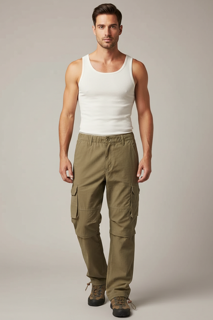 Pantalon Cargo Kaki Droit Décontracté Multipoches Homme - Toile