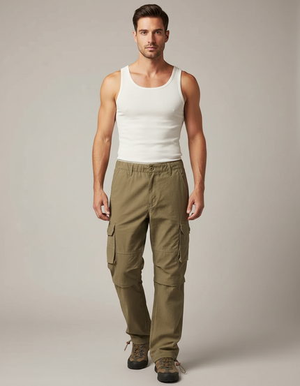 Pantalon Cargo Kaki Droit Décontracté Multipoches Homme - Toile