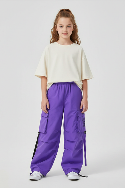 Pantalon Cargo Violet Ample Poches Streetwear Fille - Polyester