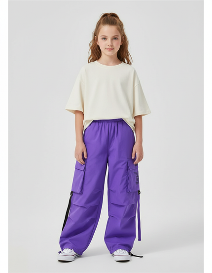 Pantalon Cargo Violet Ample Poches Streetwear Fille - Polyester