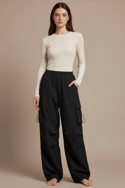 Pantalon Cargo Noir Ample Décontracté Multipoches - Polyester