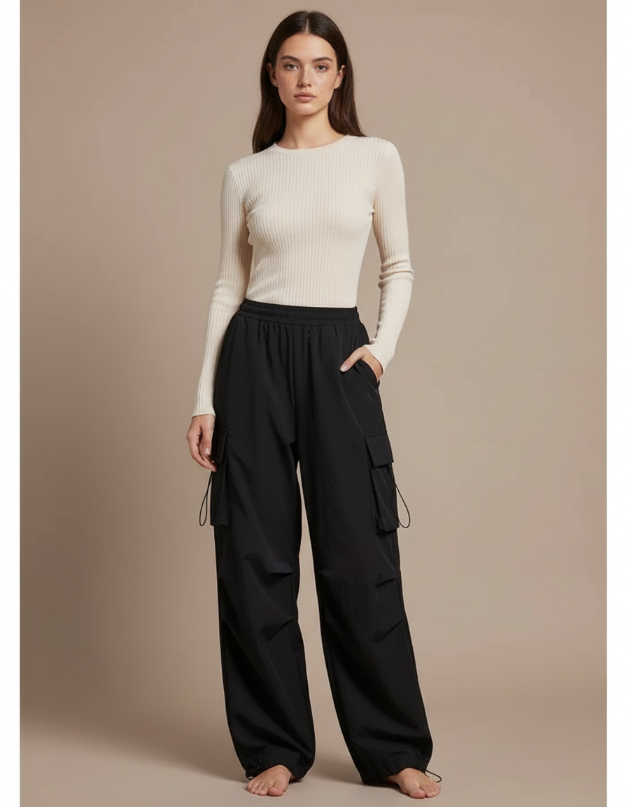 Pantalon Cargo Noir Ample Décontracté Multipoches - Polyester