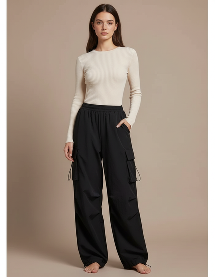 Pantalon Cargo Noir Ample Décontracté Multipoches - Polyester